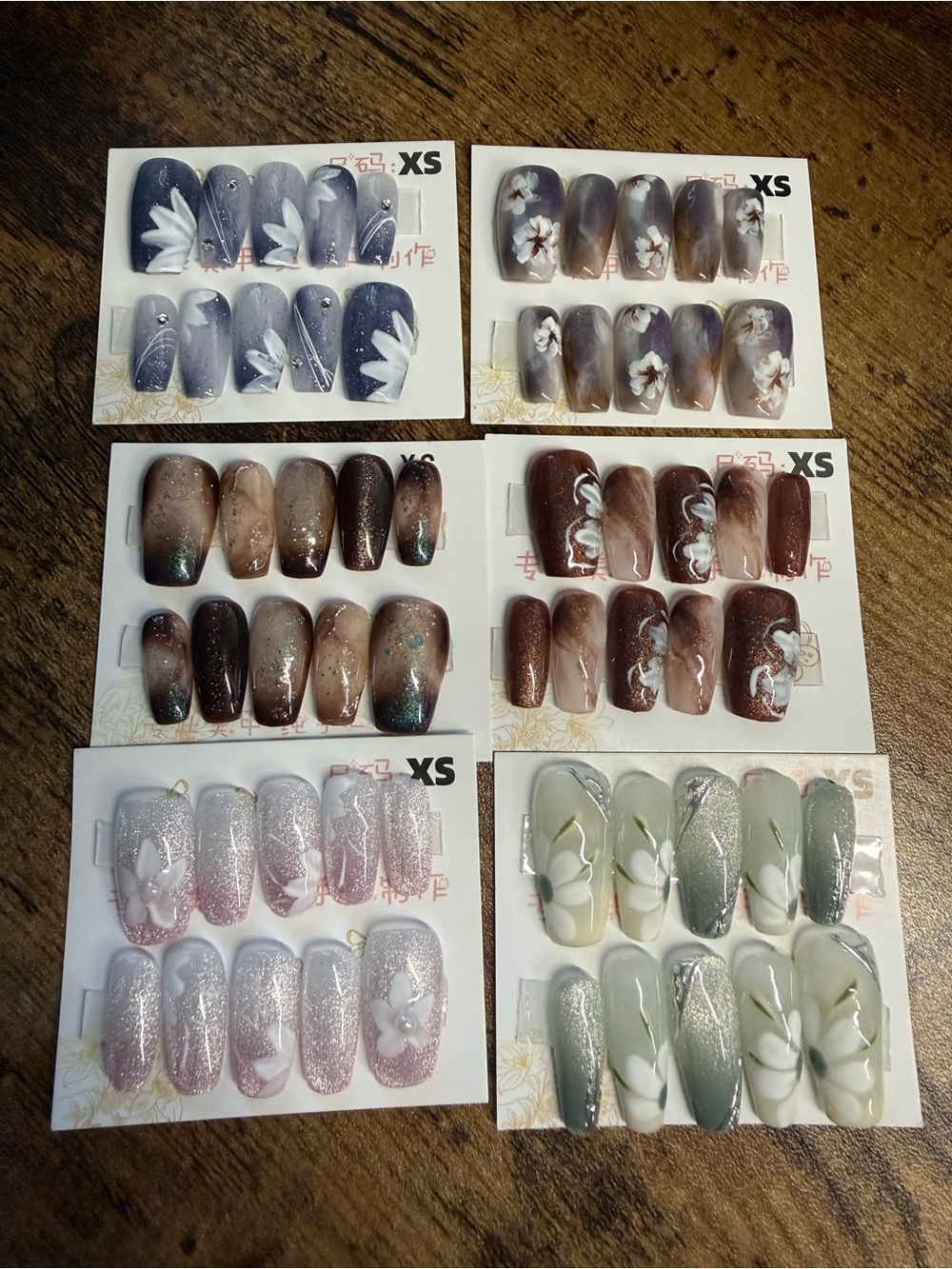 6 Press-On Nail Set in Xsmall - Assorted Gray, Brown, Pink & Green Designs